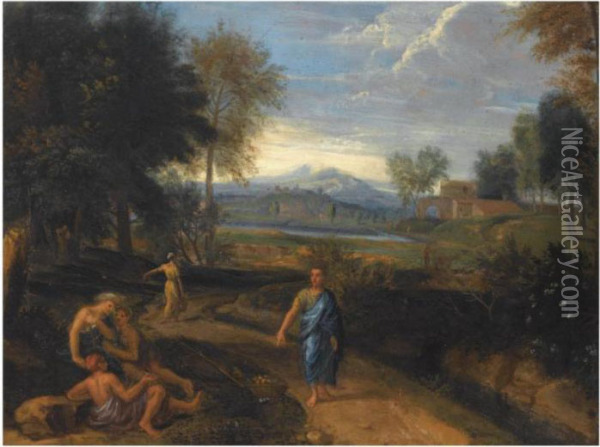 An Arcadian Landscape With 
Classical Figures Resting In Theforeground, Other Figures On A Path, A 
View Of A Villagebeyond Oil Painting - Jan Frans Van Bloemen (Orizzonte)