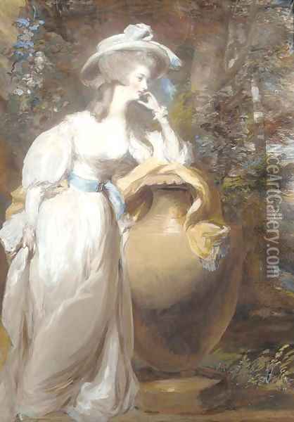 Portrait of Philadelphia de Lancy, in a white dress and sash, leaning on an urn, in a wooded landscape Oil Painting - Daniel Gardner
