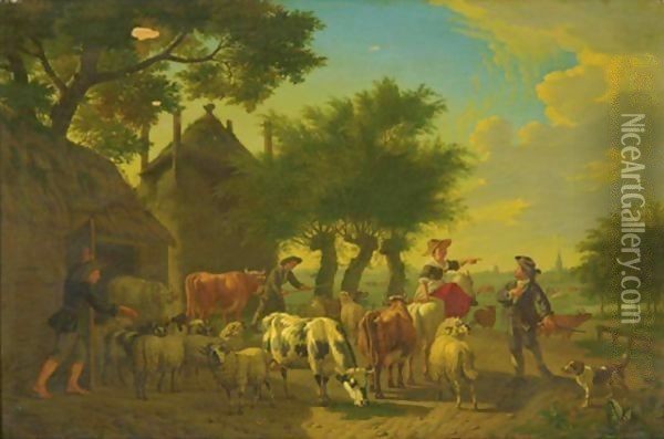 An Extensive Landscape With Shepherds, Sheep, Goats And Cows Oil Painting - Jan van Gool