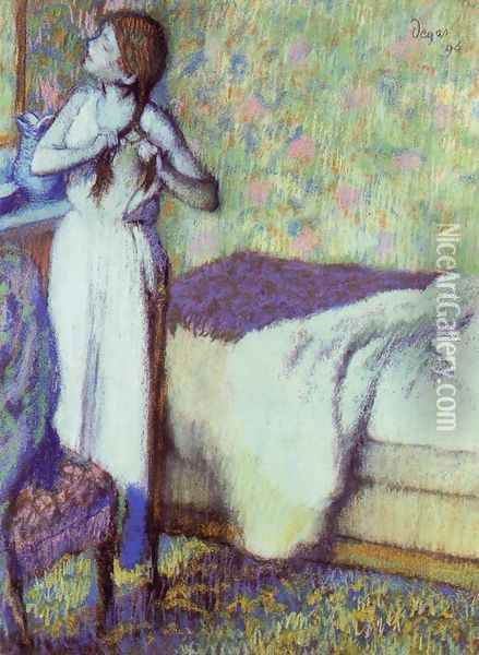 Young Girl Braiding Her Hair Oil Painting - Edgar Degas