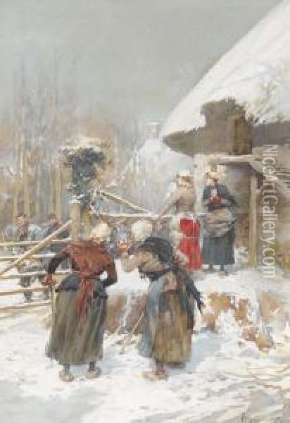 Bauerinnen Und Soldaten Bei Einem Gehoft Im Winter Oil Painting - Ludovico Marchetti