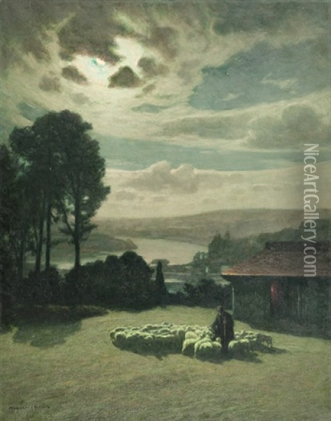 Rassemblement De Moutons - Effet De Lune Oil Painting - Maurice Grun