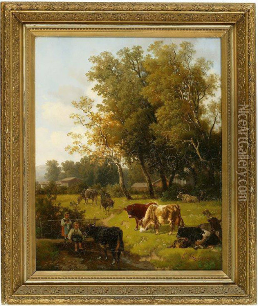 Landscape With Cows And Children Oil Painting - Eduard Gotzelmann