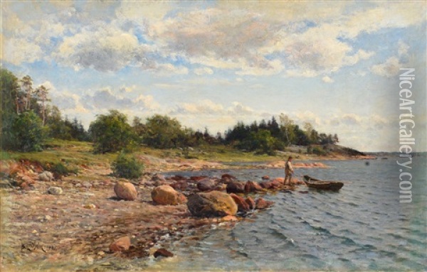 On The Shore Oil Painting - Berndt Adolf Lindholm