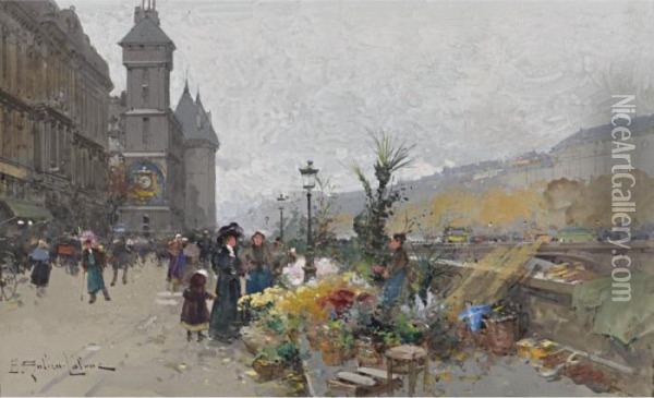 Le Marche Aux Fleurs A La Cite Oil Painting - Eugene Galien-Laloue