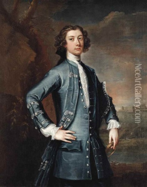Portrait Of George Montagu-dunk, 2nd Earl Of Halifax (1716-1771), Three-quarter-length, In A Blue Waistcoat And Coat, His Tricorn Under His Left Arm, With Windsor Castle In The Background Oil Painting - Joseph Highmore
