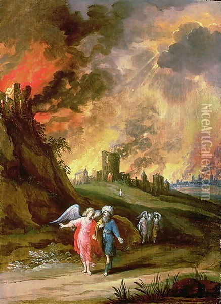 Lot and His Daughters Leaving Sodom Oil Painting - Louis de Caullery