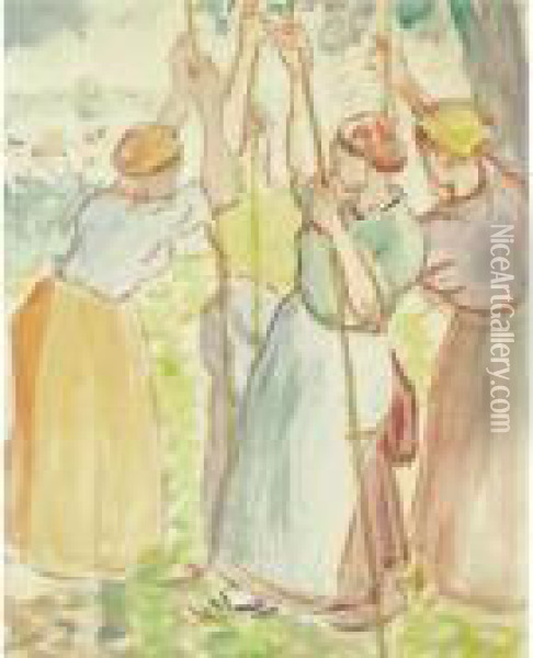Etude Pour Un Tableau: Paysannes Plantant Des Rames Oil Painting - Camille Pissarro