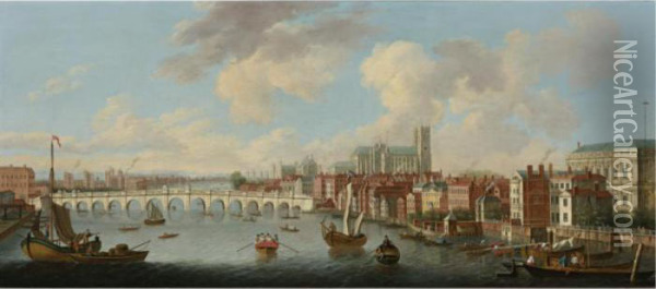 View Of The Thames And Old Westminster Bridge Looking Towards Westminster Abbey Oil Painting - Joseph Nicholls