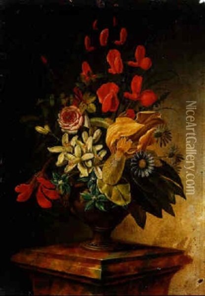 A Yellow Iris, Daisies, A Nasturtium, Lilies, Roses And Sweet Peas In A Terracotta Vase On A Marble Plinth Oil Painting - Johann Adalbert Angermayer