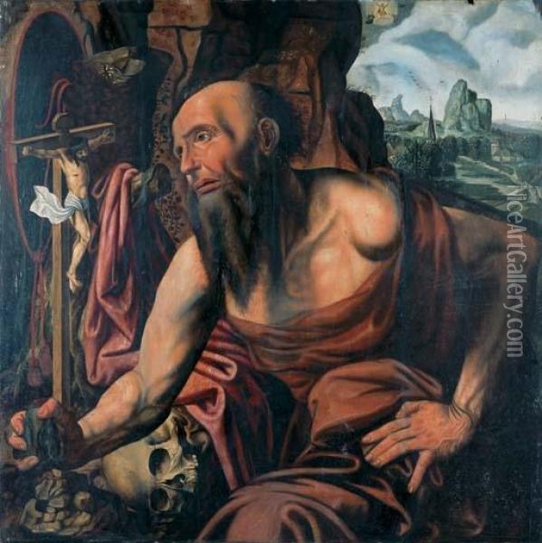 The Penitent Saint Jerome In A Cave Oil Painting - Jan Sanders Van Hemessen