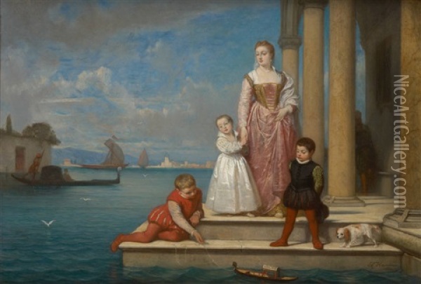 Enfant Jouant A La Gondole Sur Fond De Lagune A Venise Oil Painting - Edouard Jean Conrad Hamman