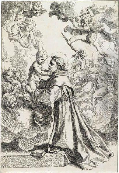 St.anthony Of Padua Adoring The Christ Child Oil Painting - Simone Cantarini Il Pesarese