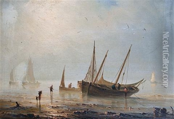 Beached Fishing Boats Oil Painting - Henriette Gudin