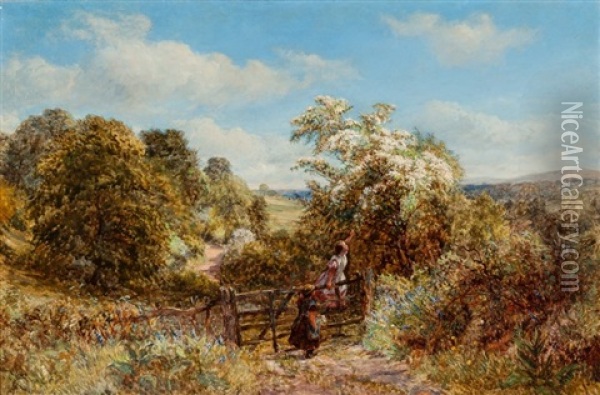 Children In A Landscape Oil Painting - George William Mote