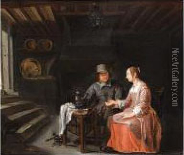 A Couple Drinking And Smoking In An Interior Oil Painting - Willem Van Herp