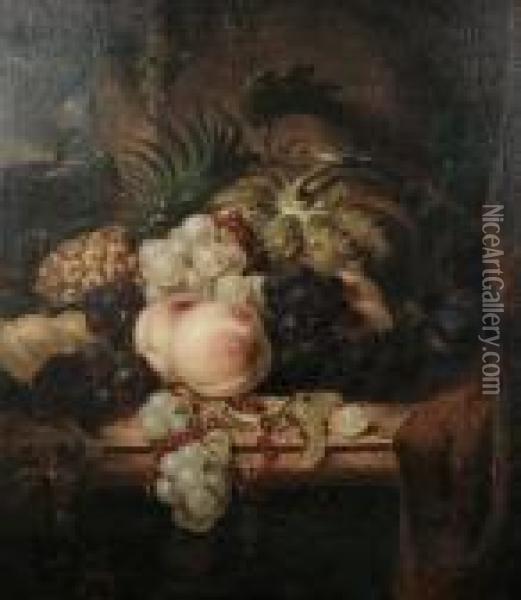 Still Life Of Mixed Fruit On A Ledge Oil Painting - Edward Ladell