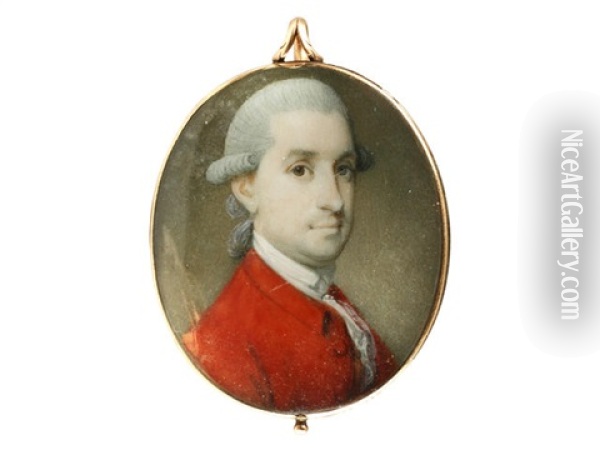 A Portrait Miniature Of A Gentleman, Wearing Scarlet Coat, White Frilled Chemise And Stock, His Powdered Wig Worn En Queue And Tied With Grey Ribbon Oil Painting - Richard Crosse