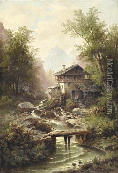 Wassermuhle Aneinem Bachlauf In Den Bergen. Oil Painting - Curt Ruger