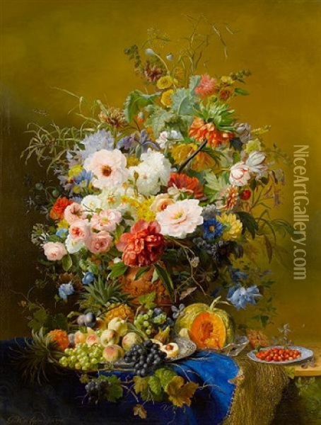 A Still Life Of Peonies, Roses, Poppies, Tulips And Other Flowers With Mixed Fruits On A Marble Ledge With A Blue Cloth Oil Painting - Gabriel Henriques De Castro