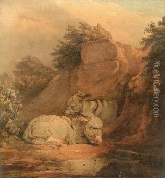 Two Donkeys Resting By A Rock Outcrop; Pen And Brownink And Watercolour Oil Painting - James Ward