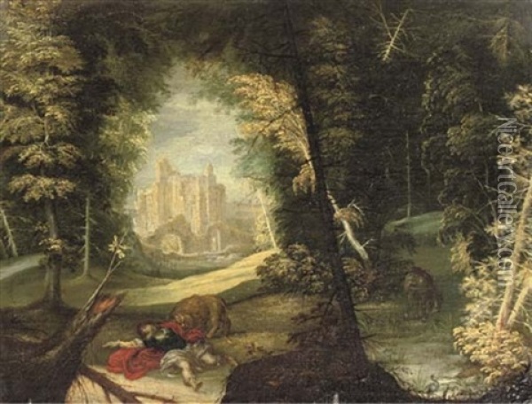 A Wooded Landscape With A Man Being Attacked By A Lion Oil Painting - Matthias Krodel the Elder