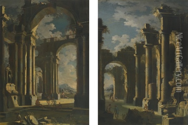 Architectural Capriccios (pair) Oil Painting - Leonardo Coccorante