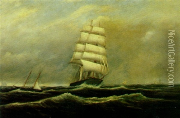 American Square-rigged Ship Under Partial Sail With Other Vessels Oil Painting - Clement Drew