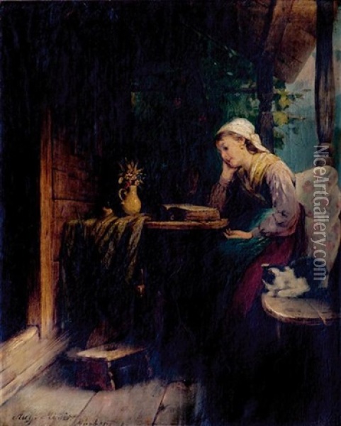 Romantic Read Oil Painting - August Mueller