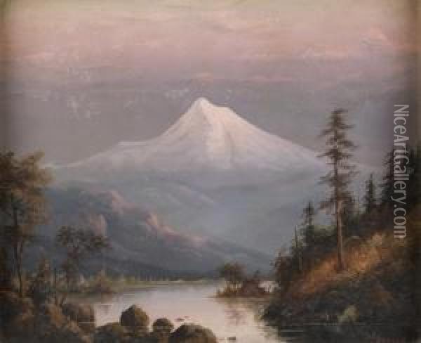 Snow-peaked Mountain And Lake At Dusk Oil Painting - Sue Hendershott Parrott