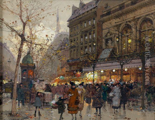 Paris Le Soir, Theatre Du Gymnase Oil Painting - Eugene Galien-Laloue