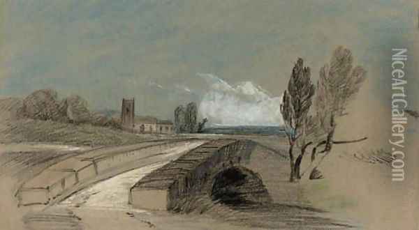 An extensive landscape with a stone bridge before a church Oil Painting - Henry Bright