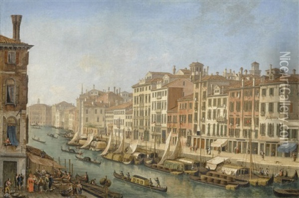 Venice, View Along A Canal With Gondolas And Figures At A Fish Market Oil Painting - Vincenzo Chilone