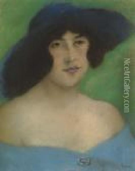 Portrait Of A Woman In A Blue Hat Oil Painting - Jozsef Rippl-Ronai