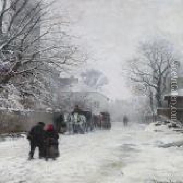 View Of A Street On The Outskirts Of Munich, Winter Oil Painting - Anders Anderson-Lundby