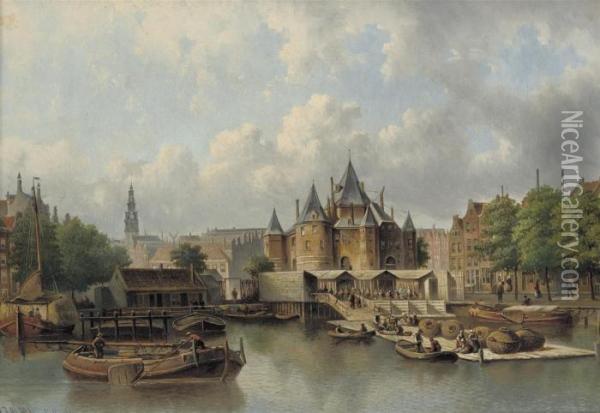The Nieuwmarkt With The Waag, Amsterdam Oil Painting - Johann Jakob Anton Hilverdink