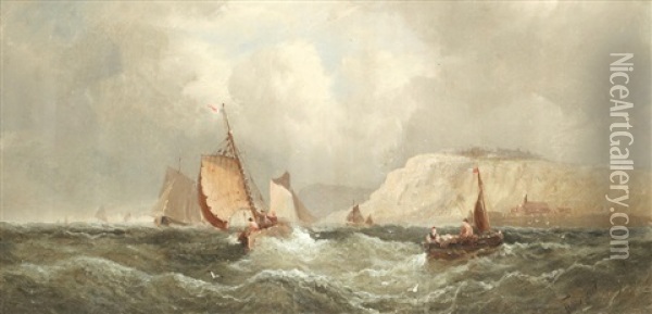 Fishing Boats In Choppy Waters; Shipping Near The Coast At Dusk Oil Painting - William (Anslow) Thornley