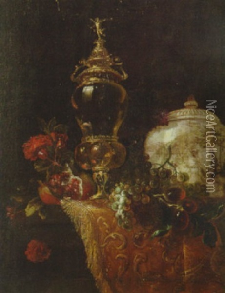 A Gilt Cup And Cover, Grapes, A Pomegranate, Carnations, Plums And A Porcelain Vase On A Partially Draped Ledge Oil Painting - Barend van der Meer