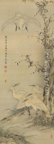 Five Cranes Oil Painting - Shen Quan