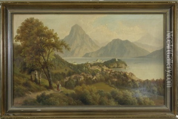 Blick Auf Traunkirchen Am See Mit Traunstein Im Hintergrund Oil Painting - Franz Burger