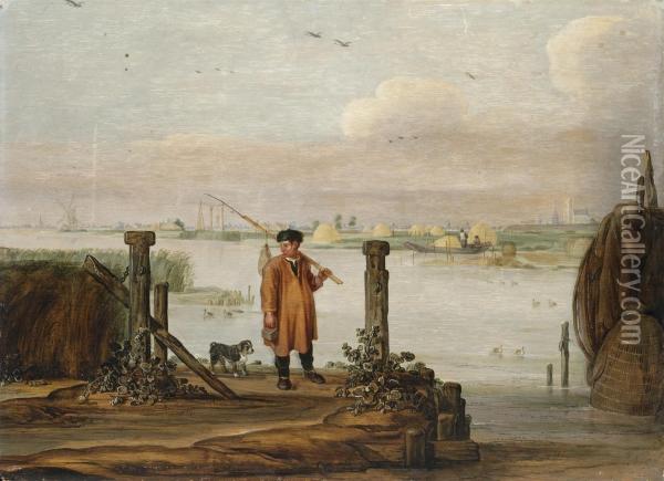 An Extensive River Landscape With A Fisherman By The Quayside Oil Painting - Arentsz van der Cabel