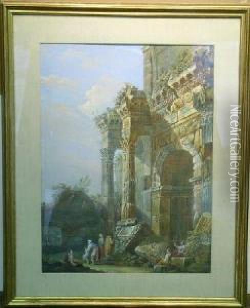 Capriccio Of Figures Among Ruins Oil Painting - Charles Louis Clerisseau