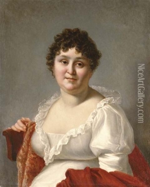 Portrait Of Madame Regnault In A White Dress And Persimmon Shawl Oil Painting - Jean-Baptiste Regnault