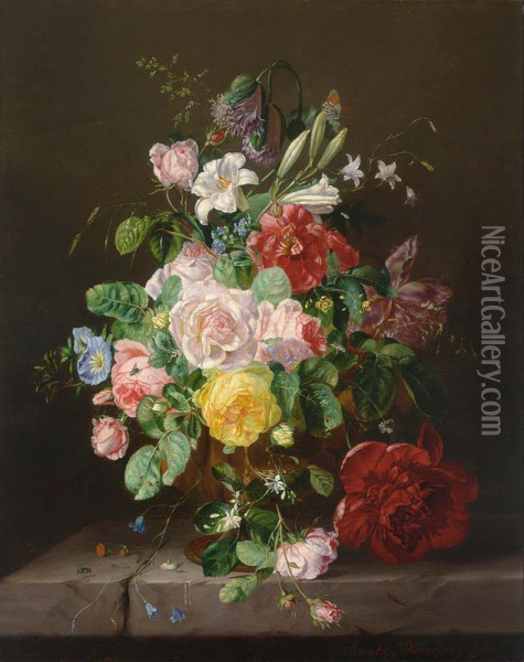 A Flower Still Life With Roses Oil Painting - Kaercher Amalie