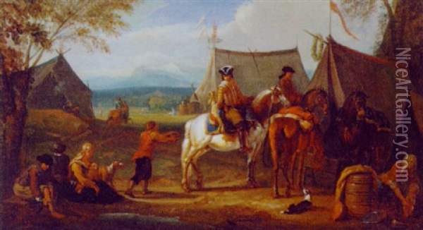 Ein Herold Zu Pferd In Einem Feldlager Oil Painting - Pieter van Bloemen