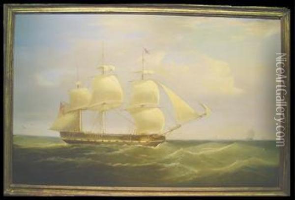 British Sailing Ship
Bears Signature And Dated Oil Painting - Thomas Whitcombe