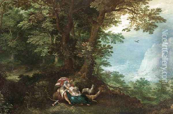 Extensive Wooded Landscape with Cephalus and Procris Oil Painting - Denys Van Alsloot