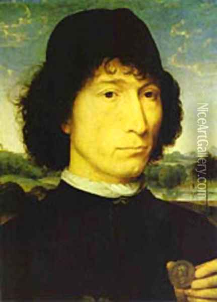 Portrait Of An Italian With A Roman Coin (Giovannide Candida) 1470 Oil Painting - Hans Memling
