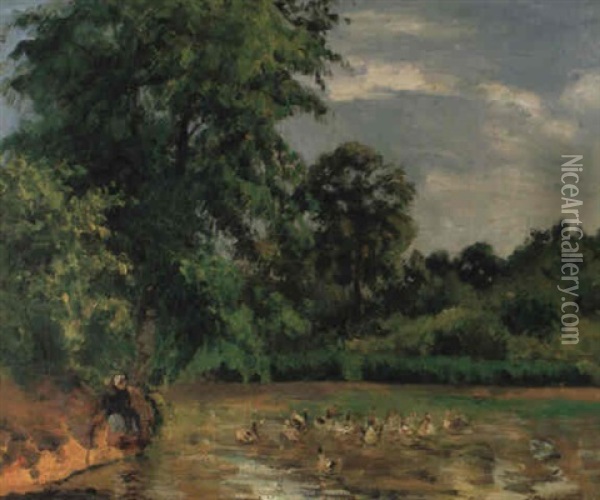 La Mare Aux Canards A Montfoucault Oil Painting - Camille Pissarro