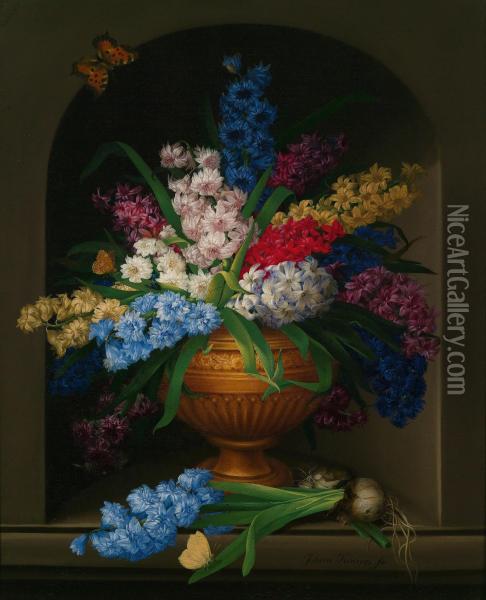 Giacinti In Vaso E Farfalle Oil Painting - Johann Knapp